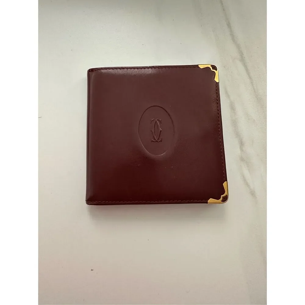 Cartier Leather Credit Card Slot Logo Bifold Coin Wallet Burgundy Red One Size